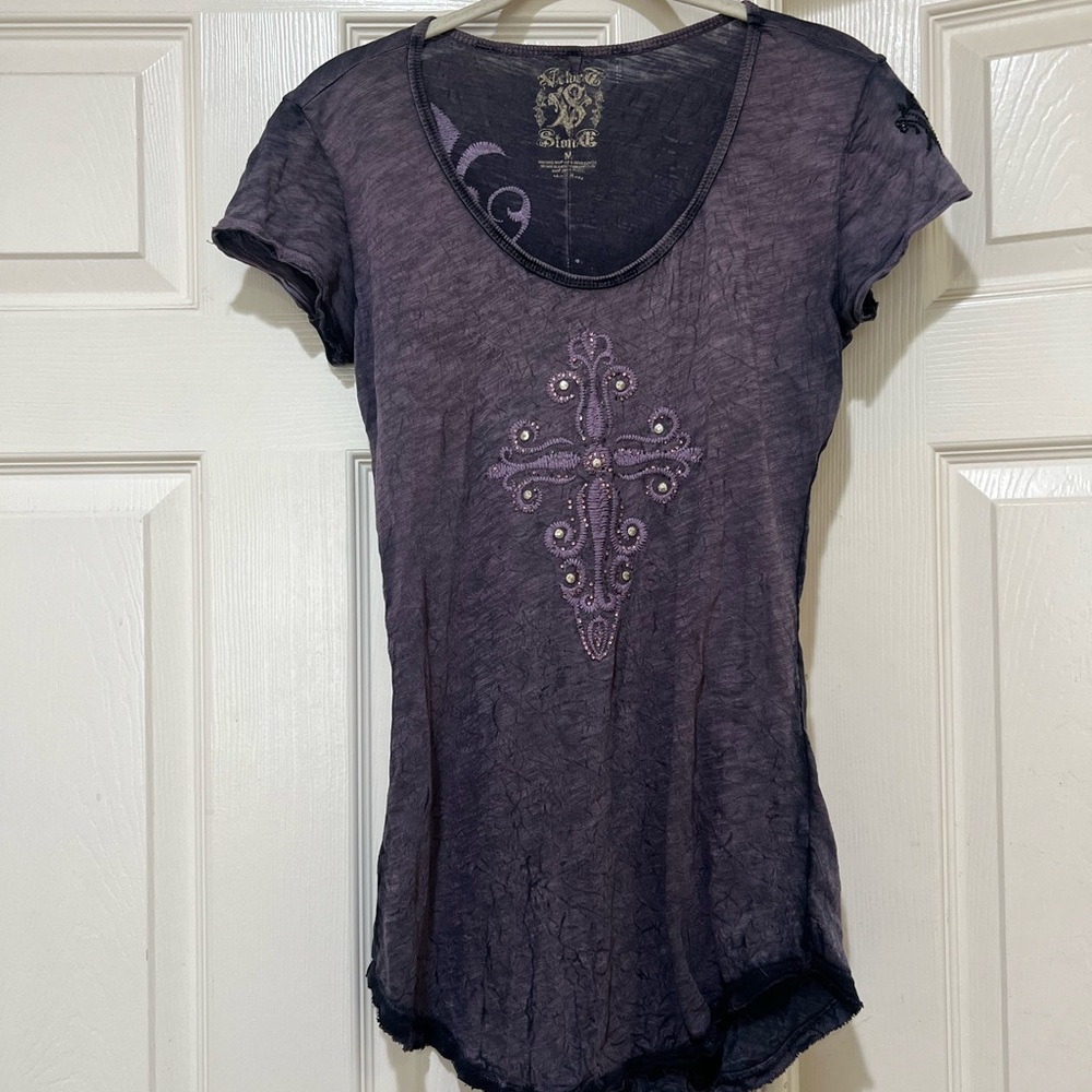 Velvet Stone Velvet V-neck distress graphic blouse women sz M Y2k grunge street